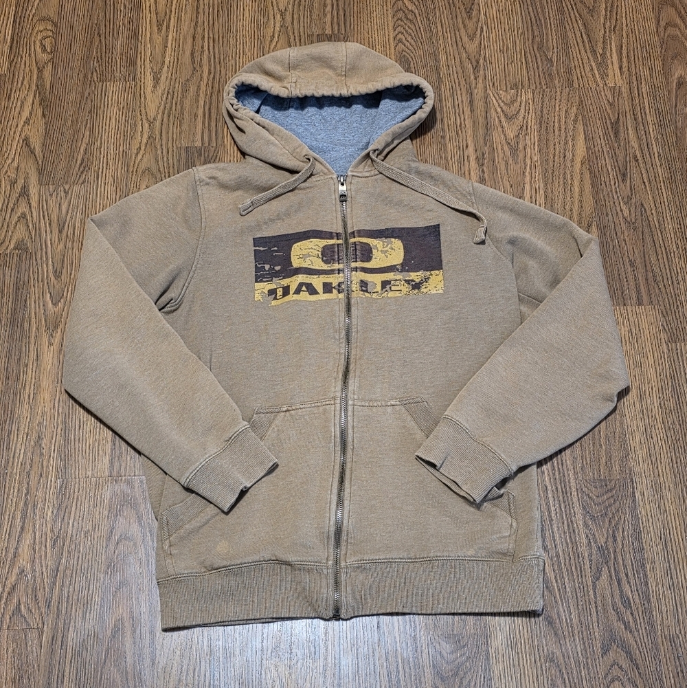 Vtg Y2K Oakley Full Zip Hoodie Tan Bark Logo Black Gray Tag Made In China M E65